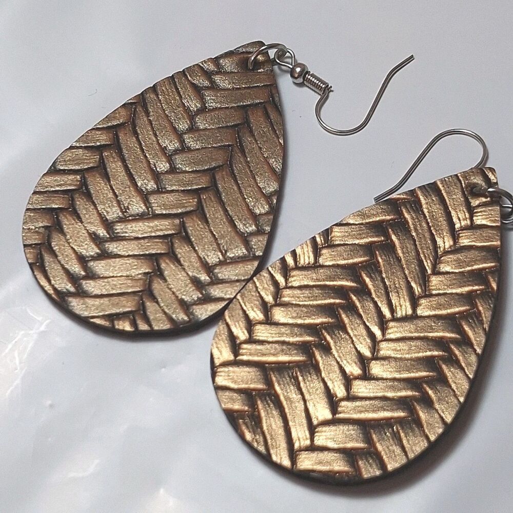 BRONZE GOLD LEATHER TEARDROP EARRINGS BASKETWEAVE WOVEN METALLIC STATEMENT BOHO